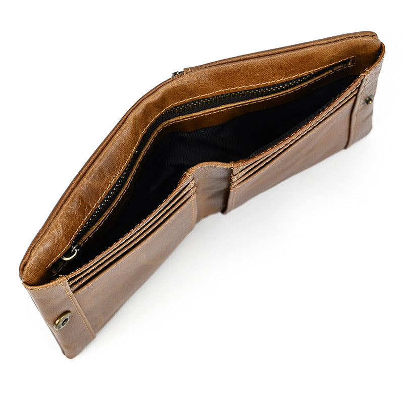 High-capacity light brown leather wallet for men, featuring multiple card slots and a hidden horizontal zip compartment for coins or valuables.