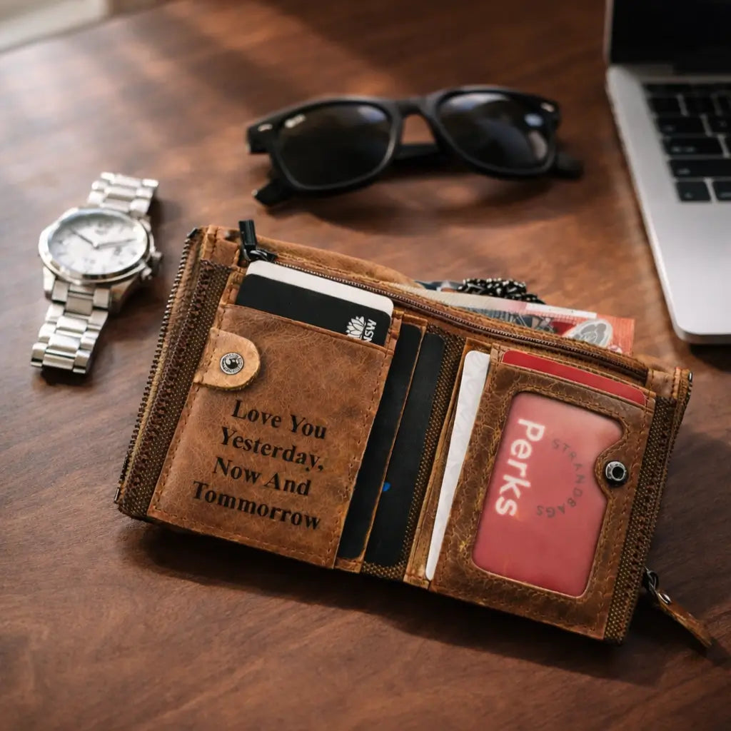 Custom engraved leather wallet for men, personalised anniversary gift for him, vintage brown leather design with ID window and zip pocket.