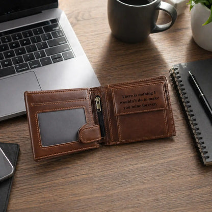 Personalized brown leather bifold wallet for men featuring an ID window, a central zipper coin pocket, and a custom engraved romantic message.