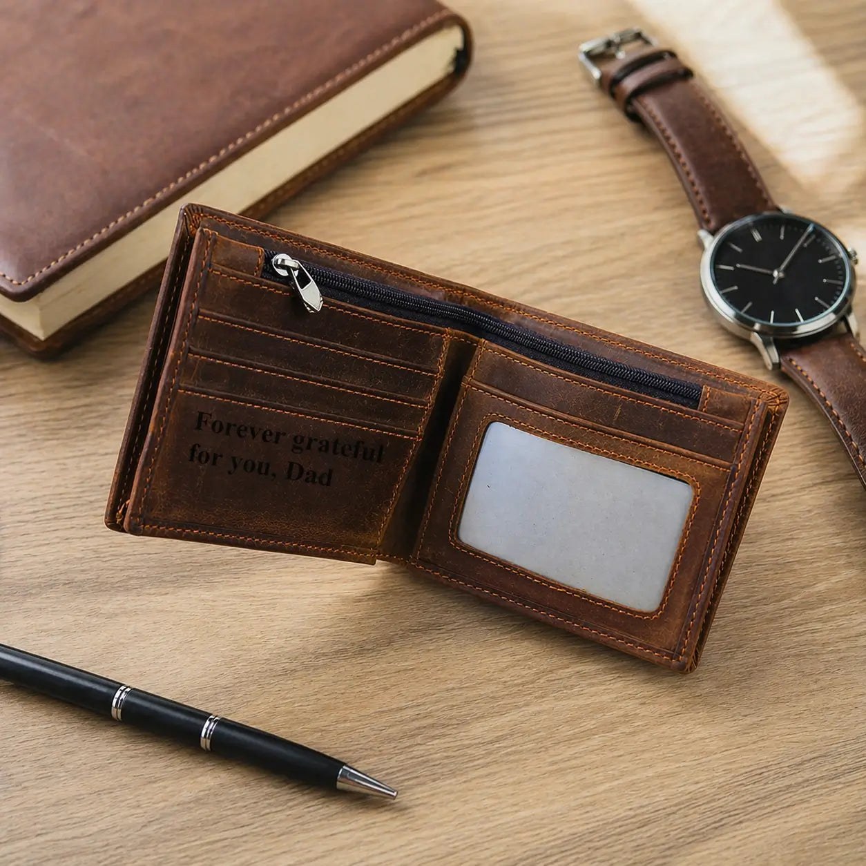 Interior view of a premium men's leather bifold wallet highlighting the organized card slots, clear ID holder, and custom laser engraving, shown with a professional watch and pen.