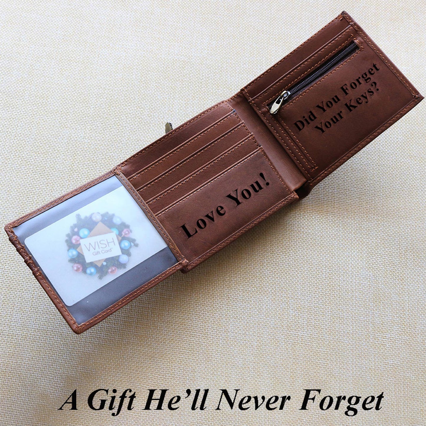 Custom engraved men's leather wallet with a sentimental interior message and a humorous reminder, featuring multiple card slots and a clear ID holder for a unique gift-ready item.