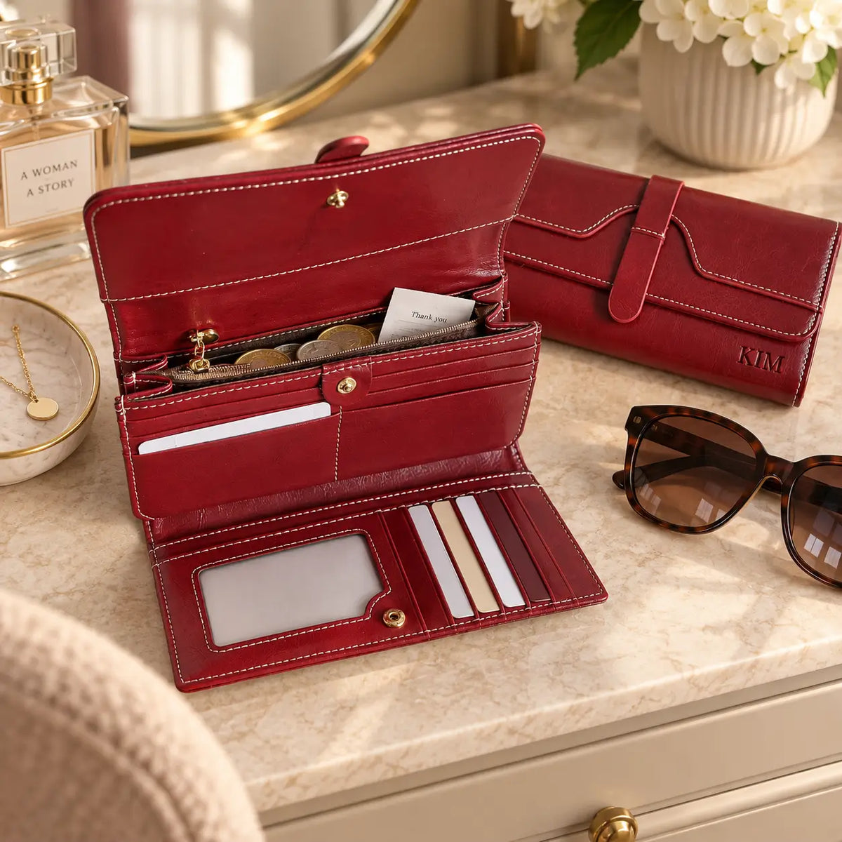 Open red women’s wallet showing card slots, ID window and zip coin compartment beside sunglasses and personalised KIM wallet