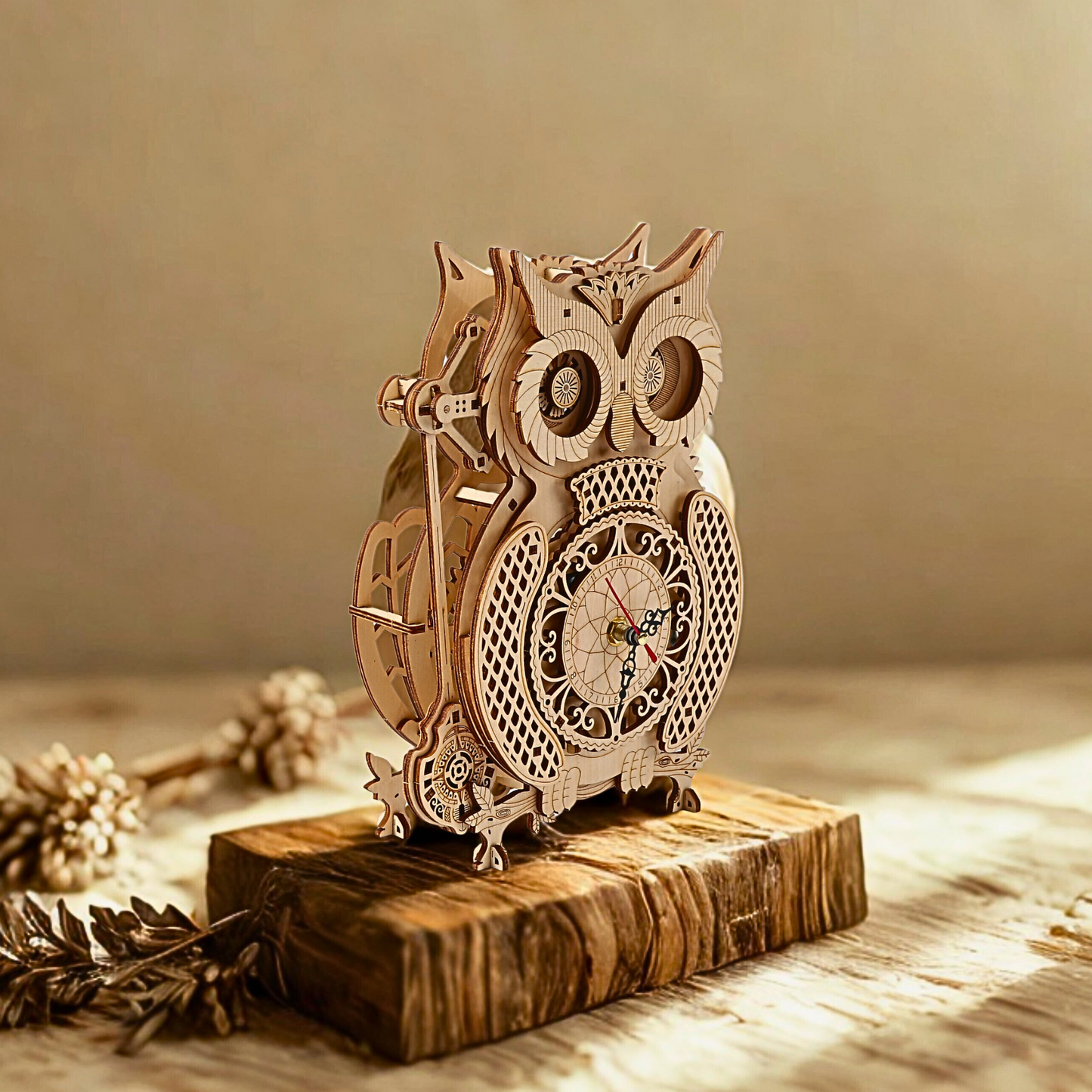 Wooden owl clock on a wooden base with a neutral background