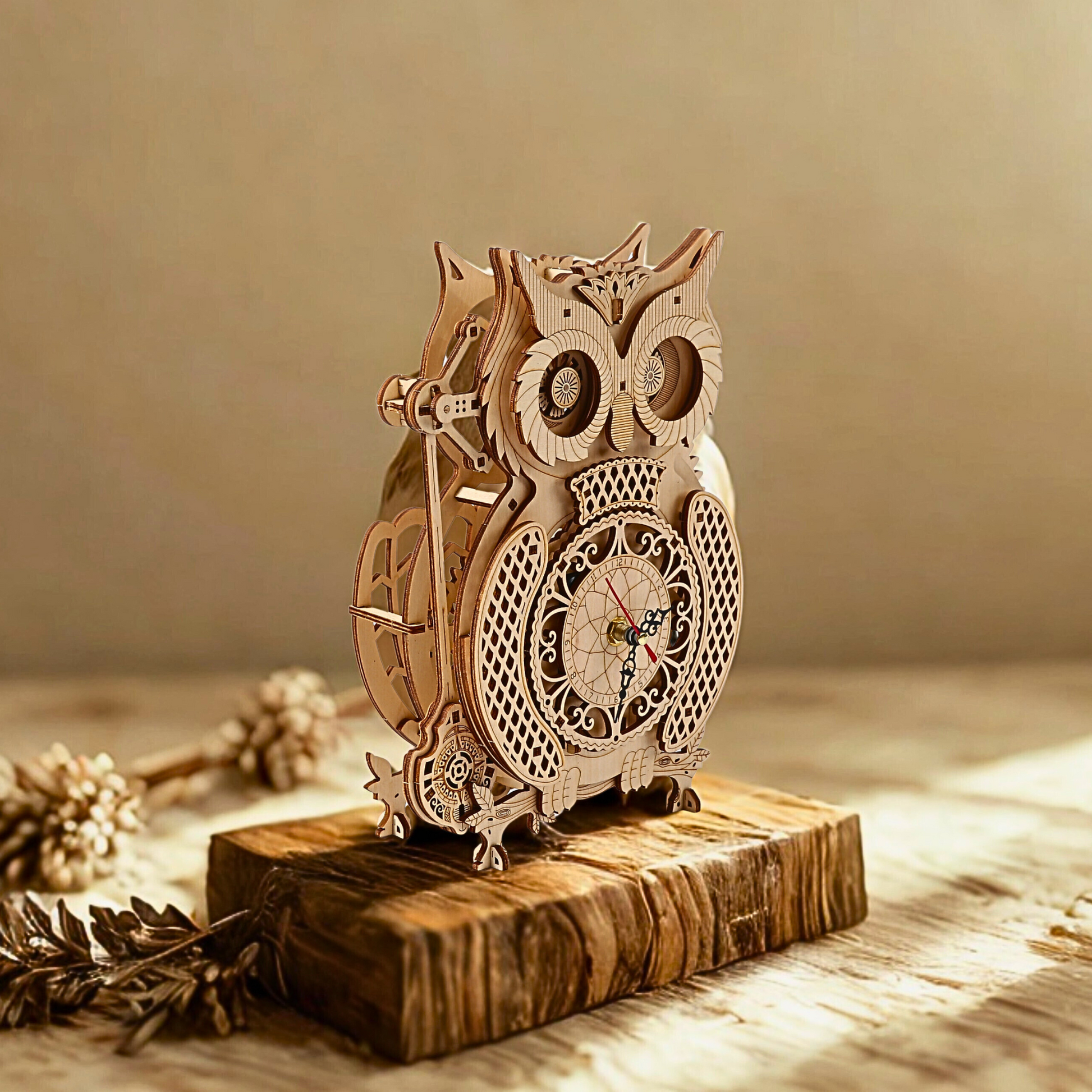Wooden owl clock on a wooden base with a neutral background