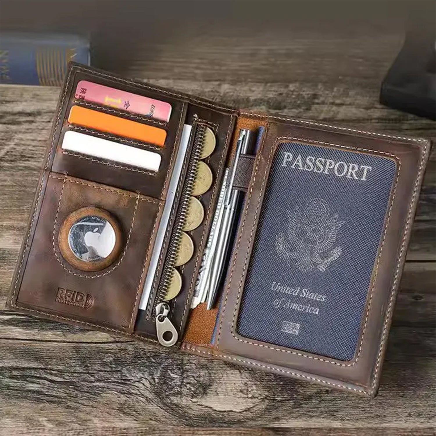 Personalised travel wallet with RFID protection, Zip coin pocket and apple airtag