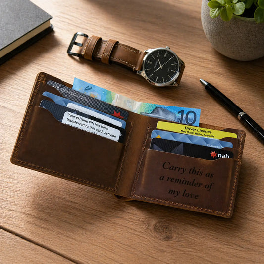 Bifold Leather Wallet with Engraved Initials - Premium Brown