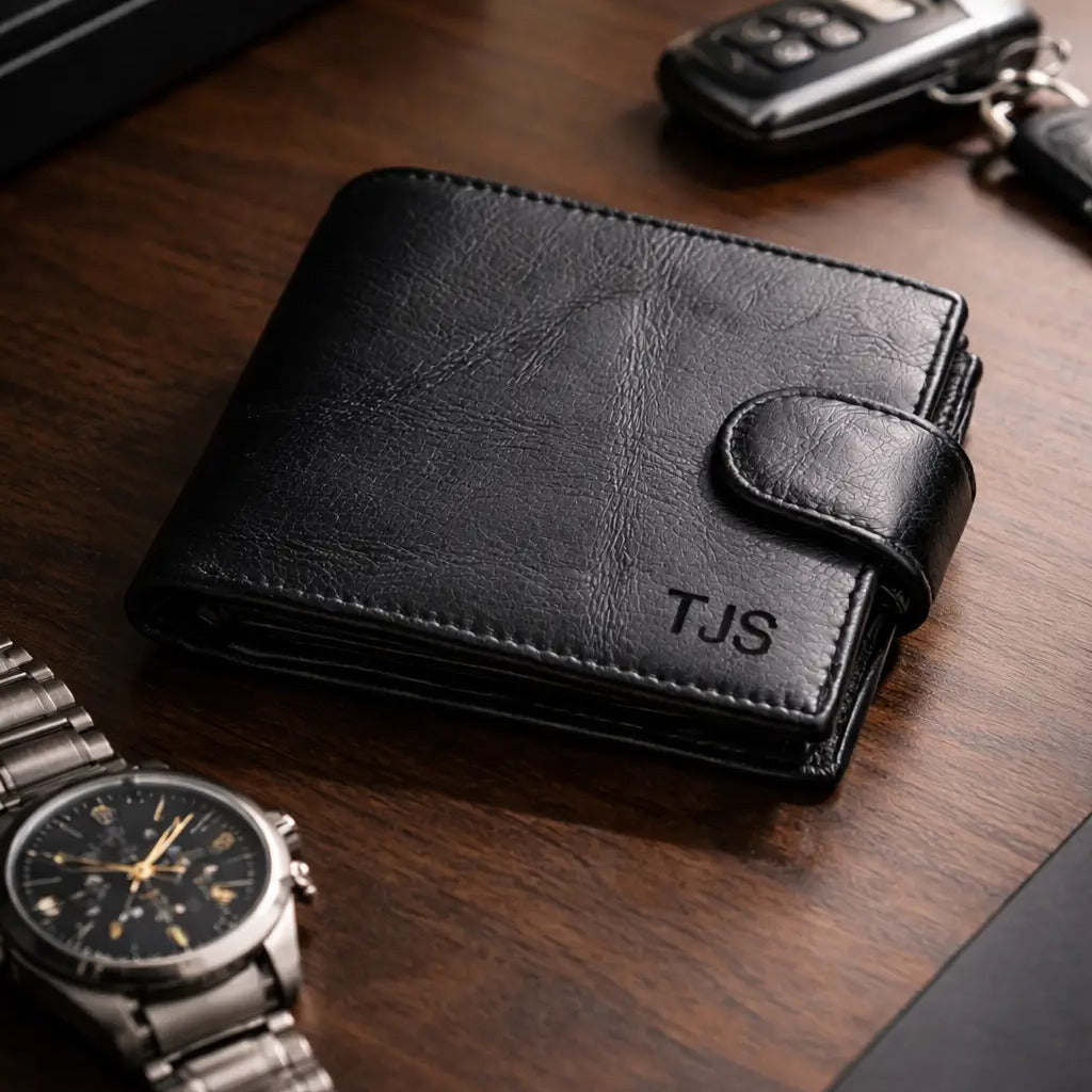 Leather Bifold Wallet in dark mocha full-grain leather, displaying a slim profile and technical hand-stitched edges.