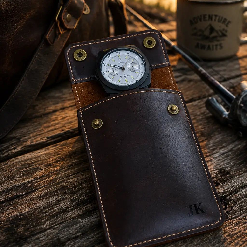 Dark brown personalized leather watch pouch with a partially visible watch resting on a rustic wooden surface during sunset beside a leather travel bag and outdoor adventure setup with warm golden lighting.
