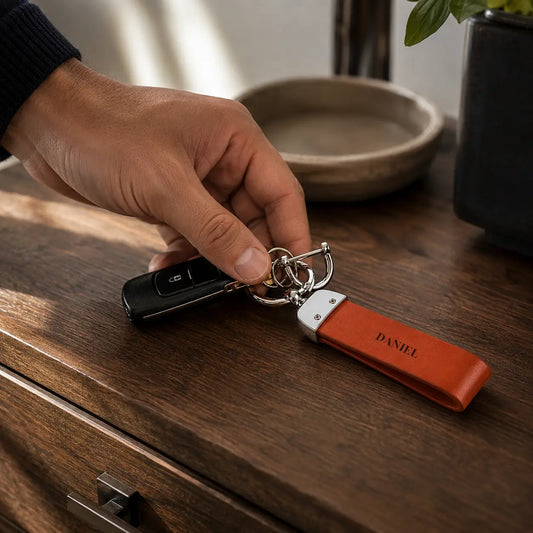 Personalised tan leather keychain held in hand with keys beside coffee on a wooden table