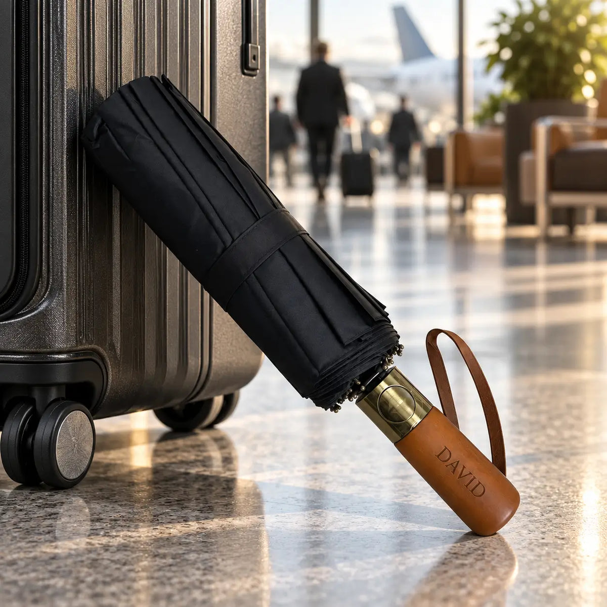 Personalised black travel umbrella with wooden handle engraved David beside suitcase at airport