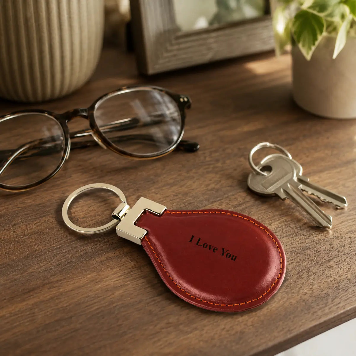 Personalised brown leather keychain engraved with I Love You, displayed beside keys and eyeglasses on a wooden table