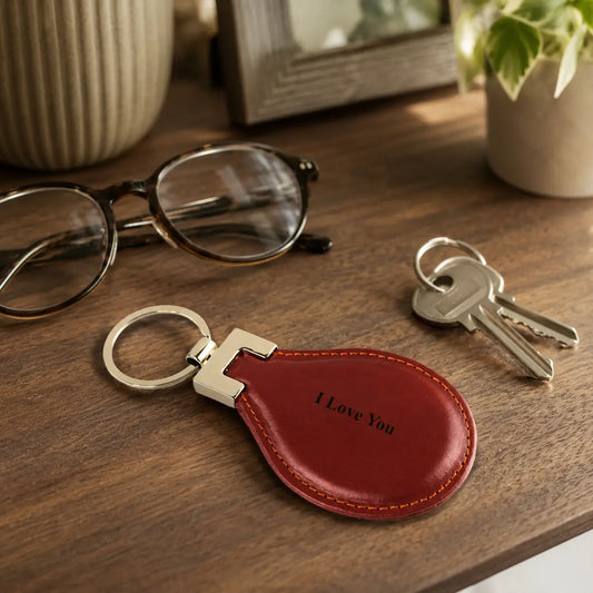 Personalised brown leather keychain engraved with I Love You, displayed beside keys and eyeglasses on a wooden table