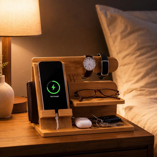 Cozy bedside nightstand scene with a bamboo docking station organizer holding a charging smartphone, watch, fitness tracker, glasses, wallet, earbuds and keys beside a warm bedside lamp and soft linen bedding.