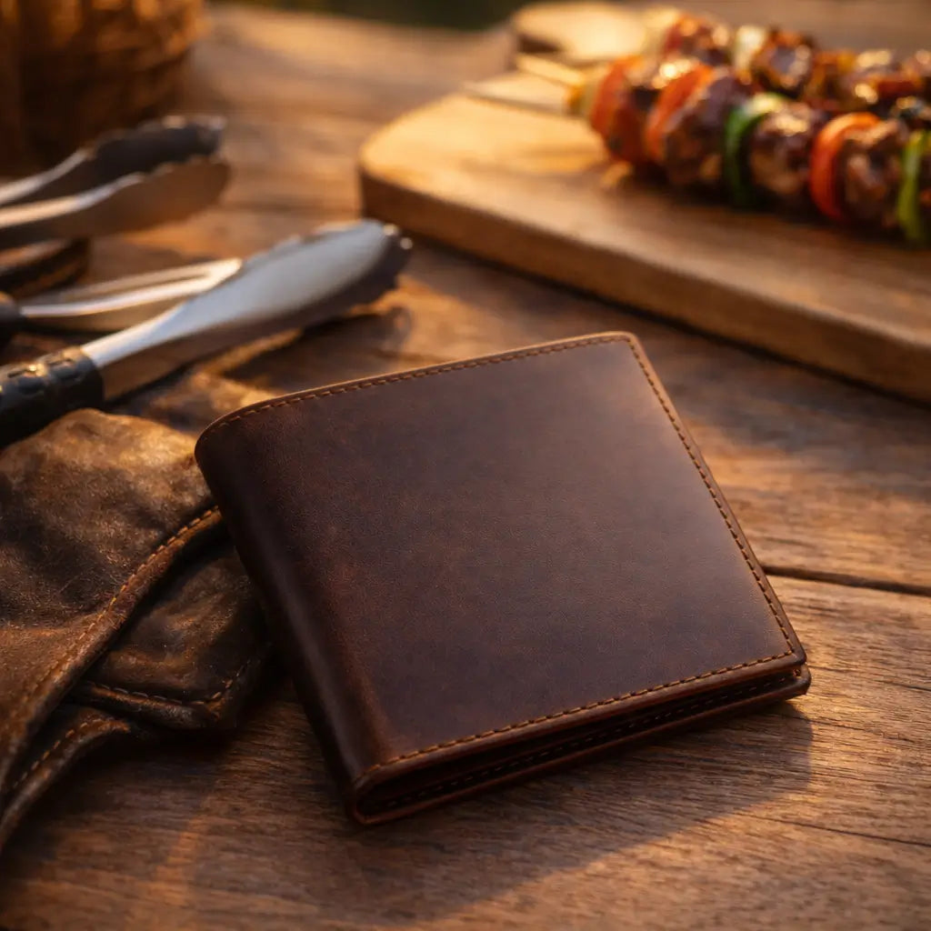 Leather Bifold Wallet in dark espresso full-grain leather, featuring hand-stitched edges and RFID-blocking technology.