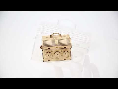 Wooden coding box with intricate design and method to unlock placed on a white surface 