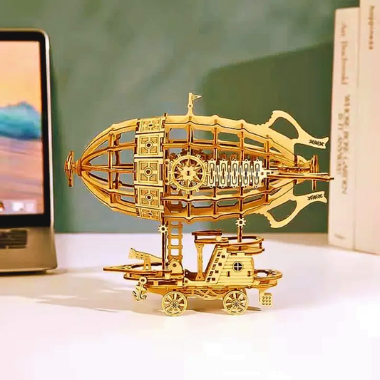 A 3D model puzzle of an airship made of interlocking wooden pieces, used as a creative and decorative DIY project.
