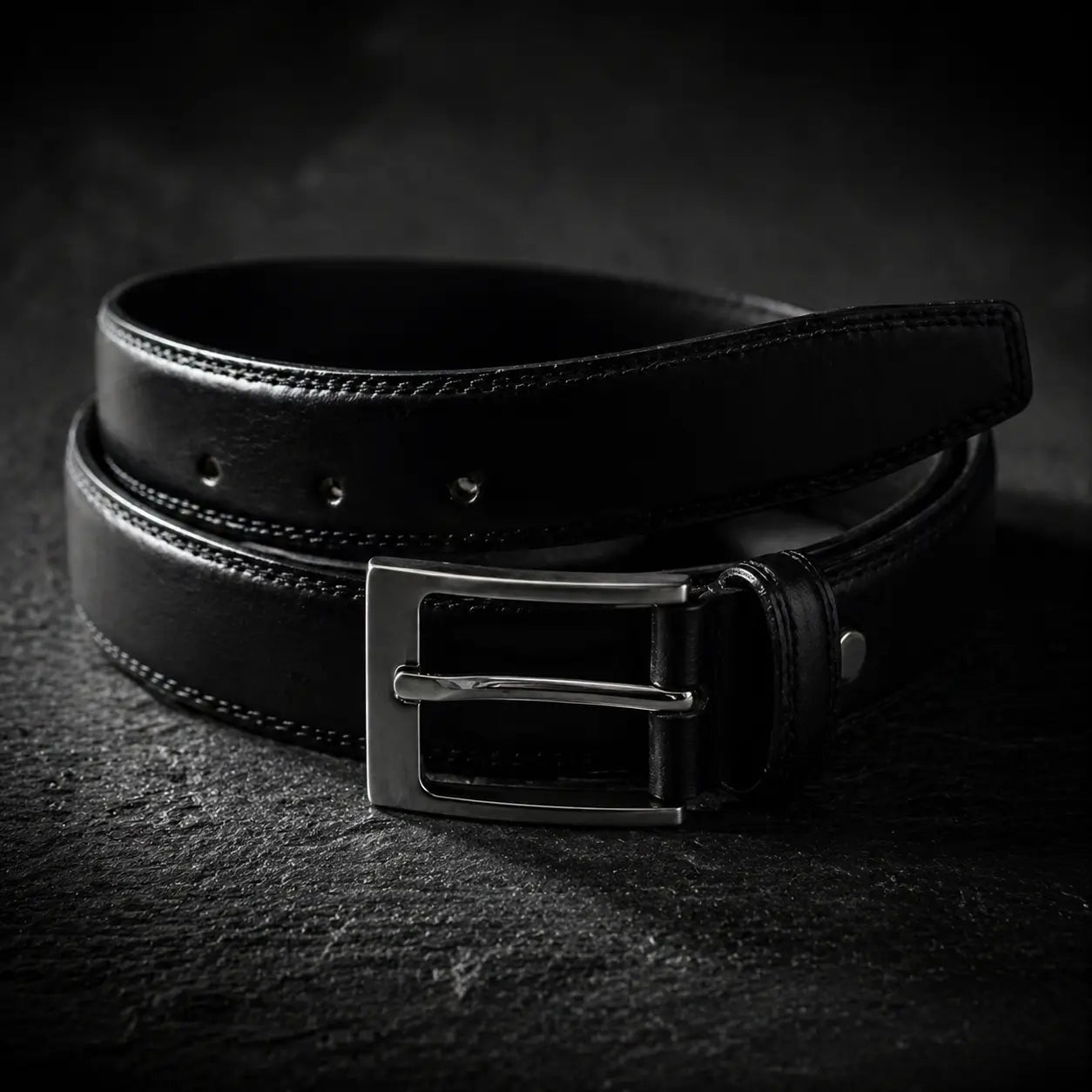 Close-up of black leather designer belt with sleek metal pin buckle – premium men’s formal waist belt