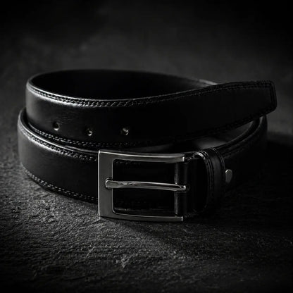 Close-up of black leather designer belt with sleek metal pin buckle – premium men’s formal waist belt