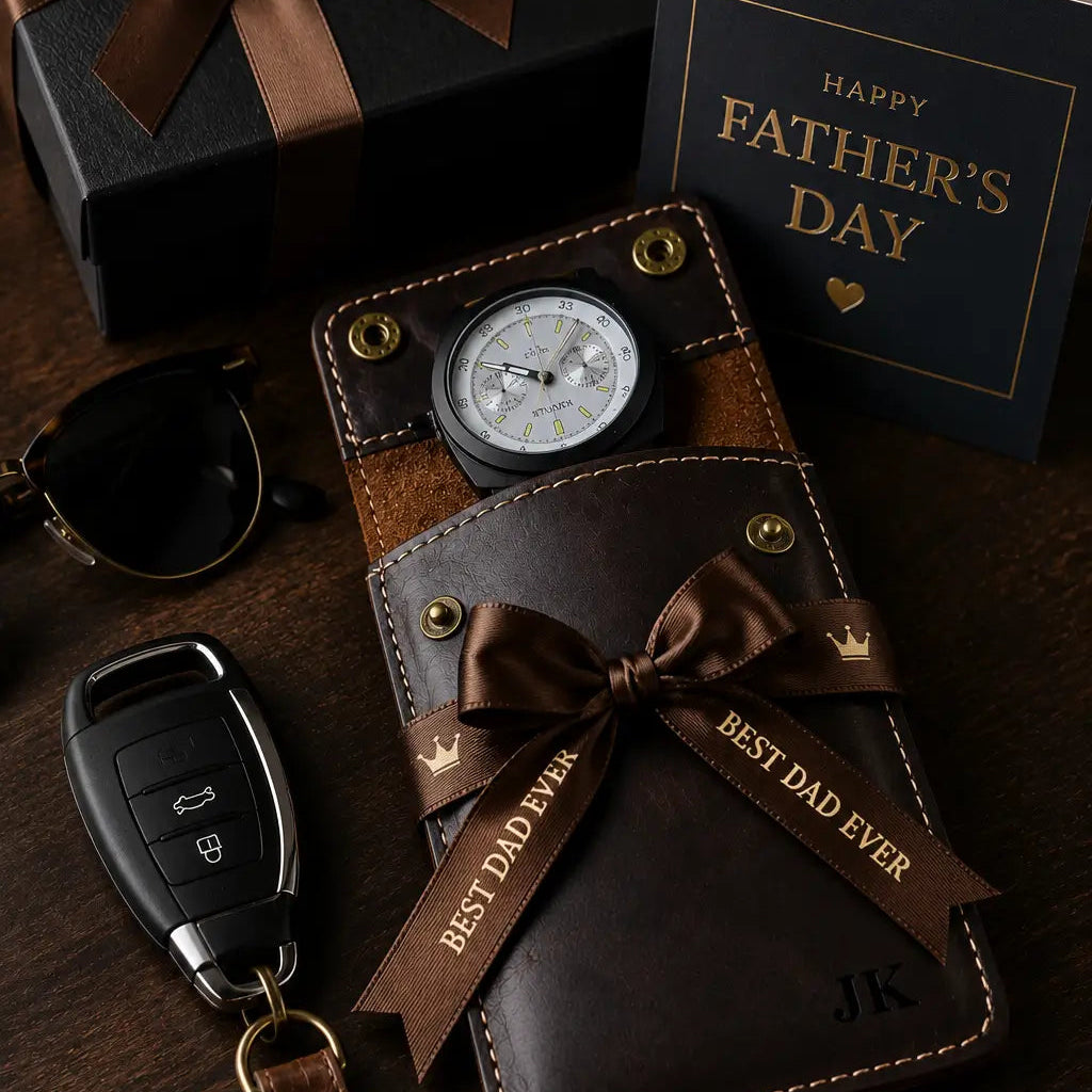 Father’s Day luxury gift setup featuring a personalized leather watch pouch wrapped with ribbon beside sunglasses, car key, gift box, and a Father’s Day greeting card in a premium masculine atmosphere.