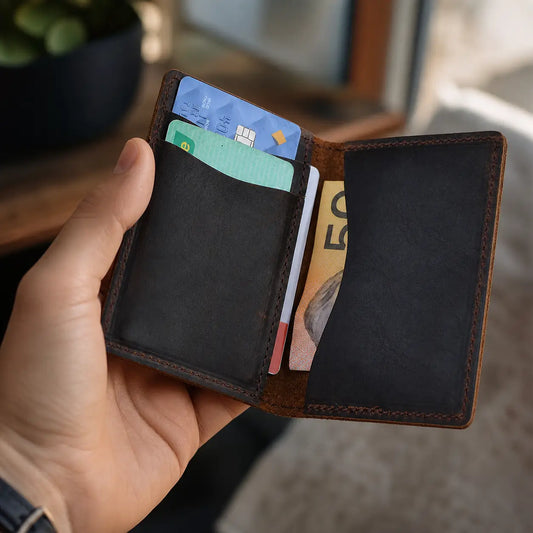 Compact handmade leather bi-fold wallet held in hand to demonstrate slim profile and easy access to cards and cash.