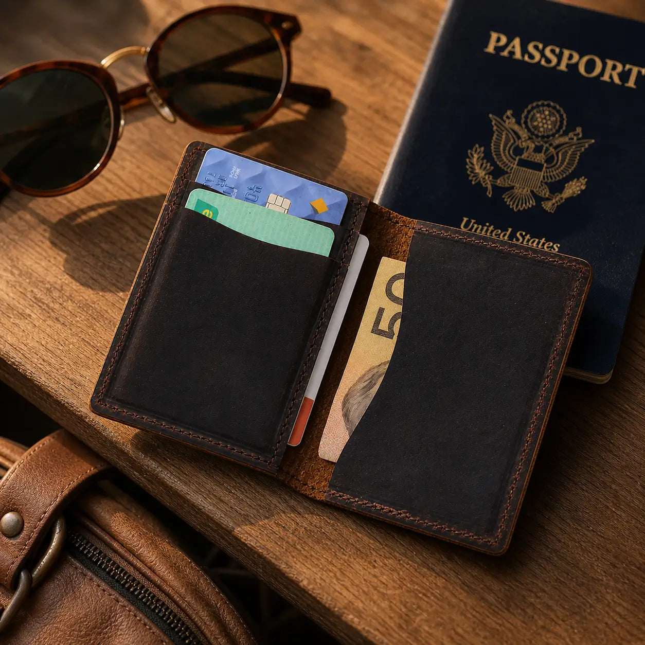 Slim dark brown leather travel wallet and card holder displayed with a United States passport, sunglasses, and Australian currency on a wooden surface.
