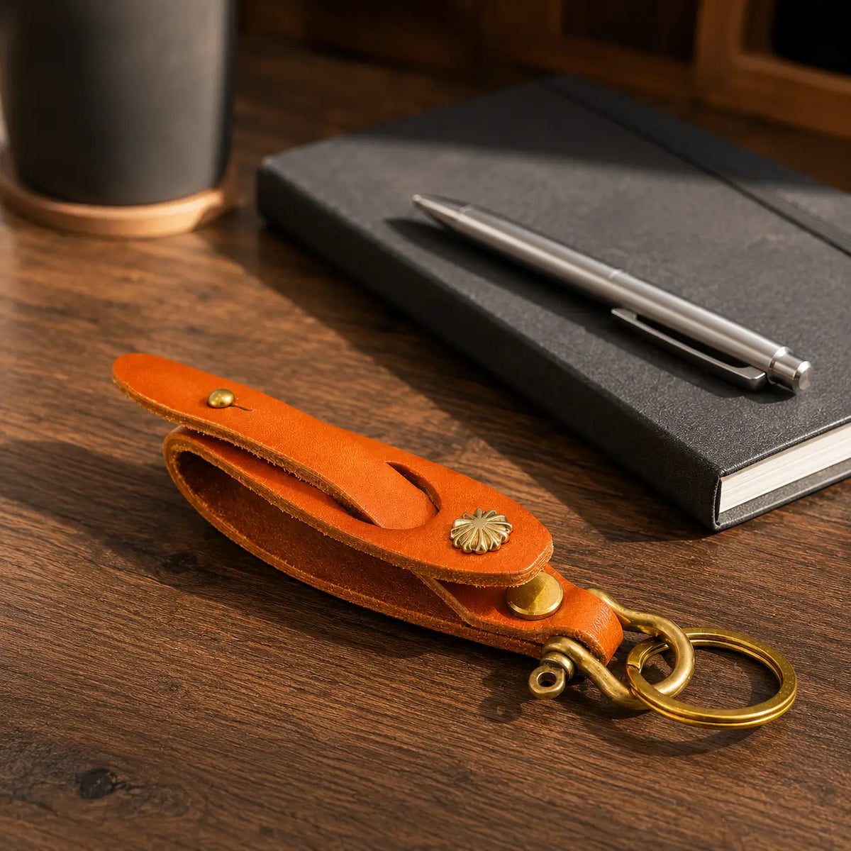 Orange leather key holder displayed beside notebook and pen on a wooden desk