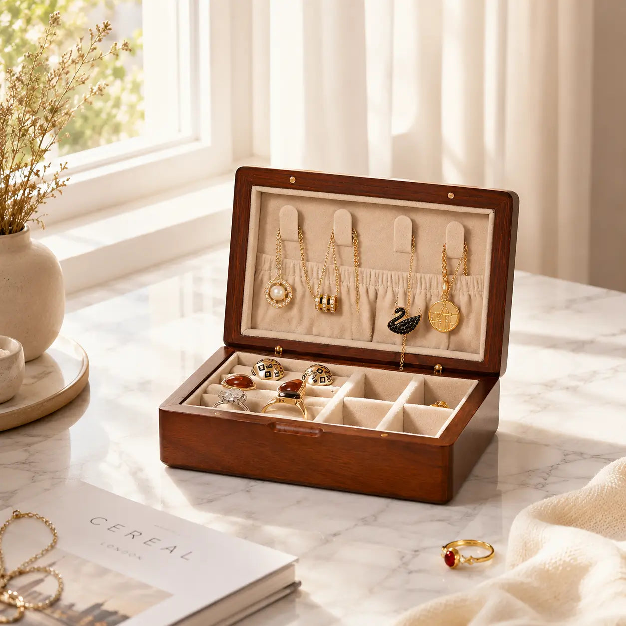 Walnut wooden jewelry organizer placed on a white marble tabletop near a sunlit window with Scandinavian-inspired neutral décor and organized gold jewelry.