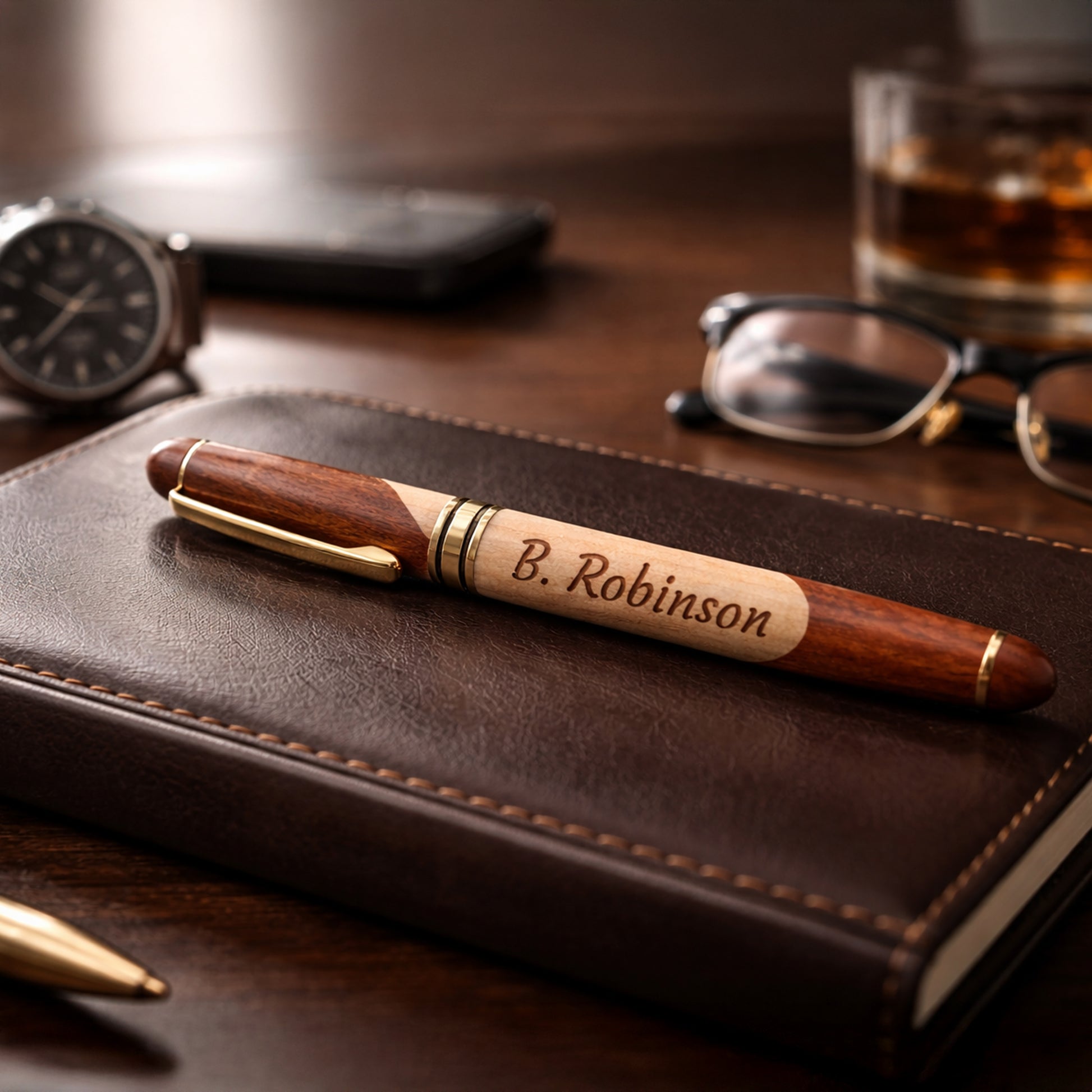 Personalized Wood Pen and Engraved Wooden Gift Box Set - Natural Timber Finish