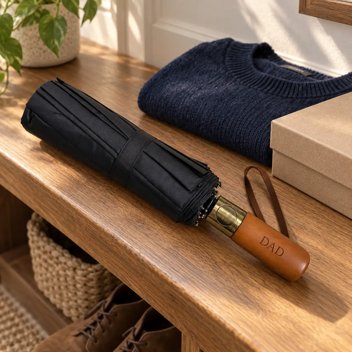 Personalised black umbrella with wooden handle engraved Dad displayed on wooden console with gift box and sweater