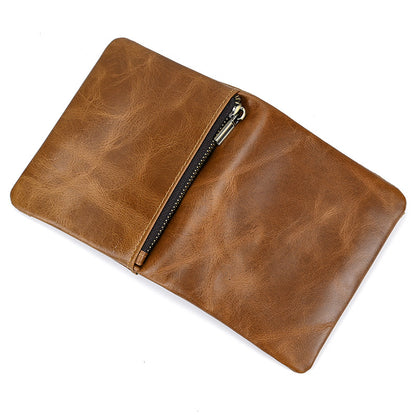 Premium men's leather trifold wallet in light brown with a secure external zip compartment for coins or small essentials, shown on a white background.