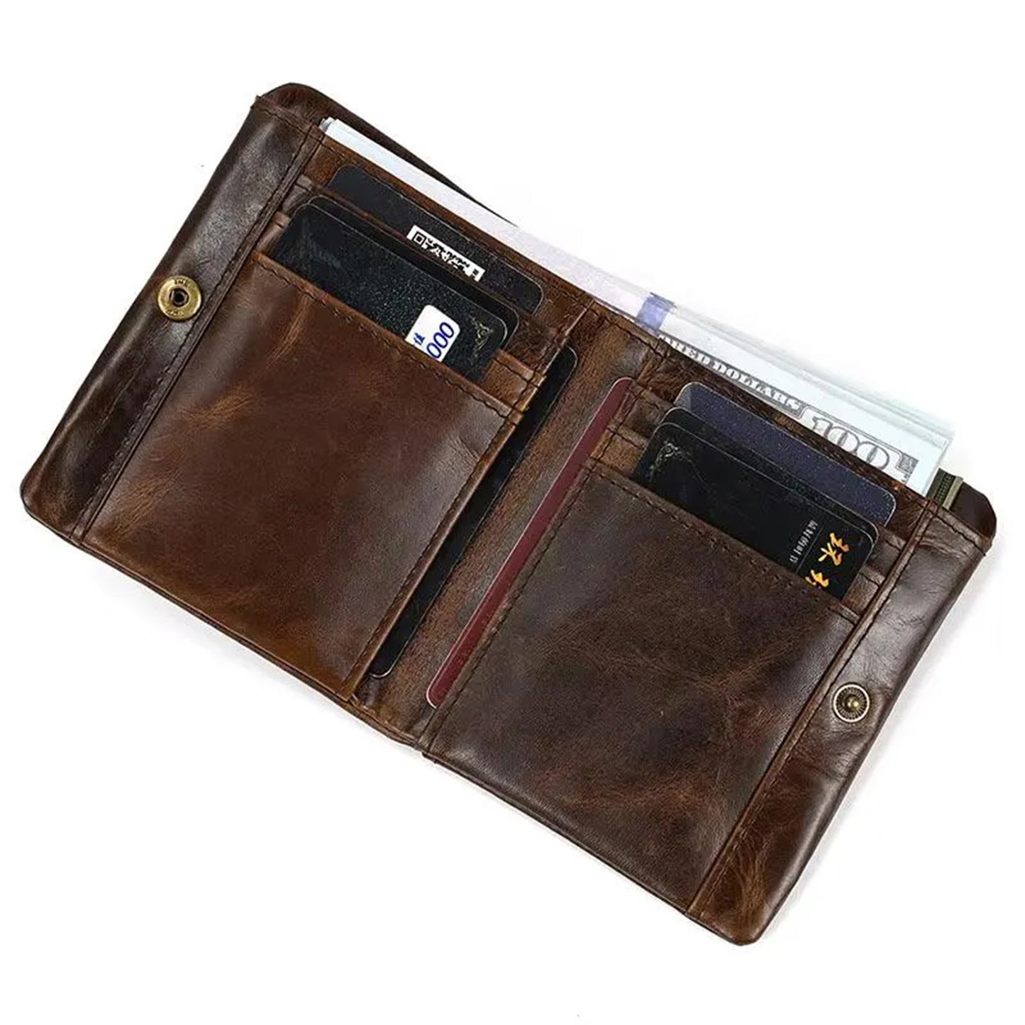 Brown leather wallet with card slots and money clip on a white background