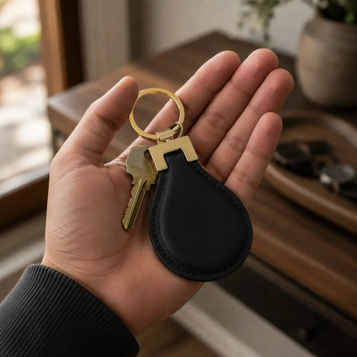 Black leather keychain held in hand showing gold key ring and compact teardrop-shaped design