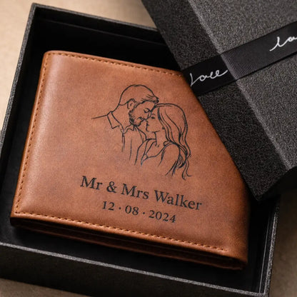 Handcrafted tan leather bifold wallet with laser-engraved romantic photo and custom text, presented in a luxury black gift box with "Love" ribbon.