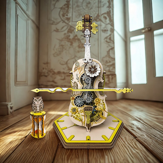 Mechanical model of a wooden voilen puzzle with intricate details on a wooden floor.