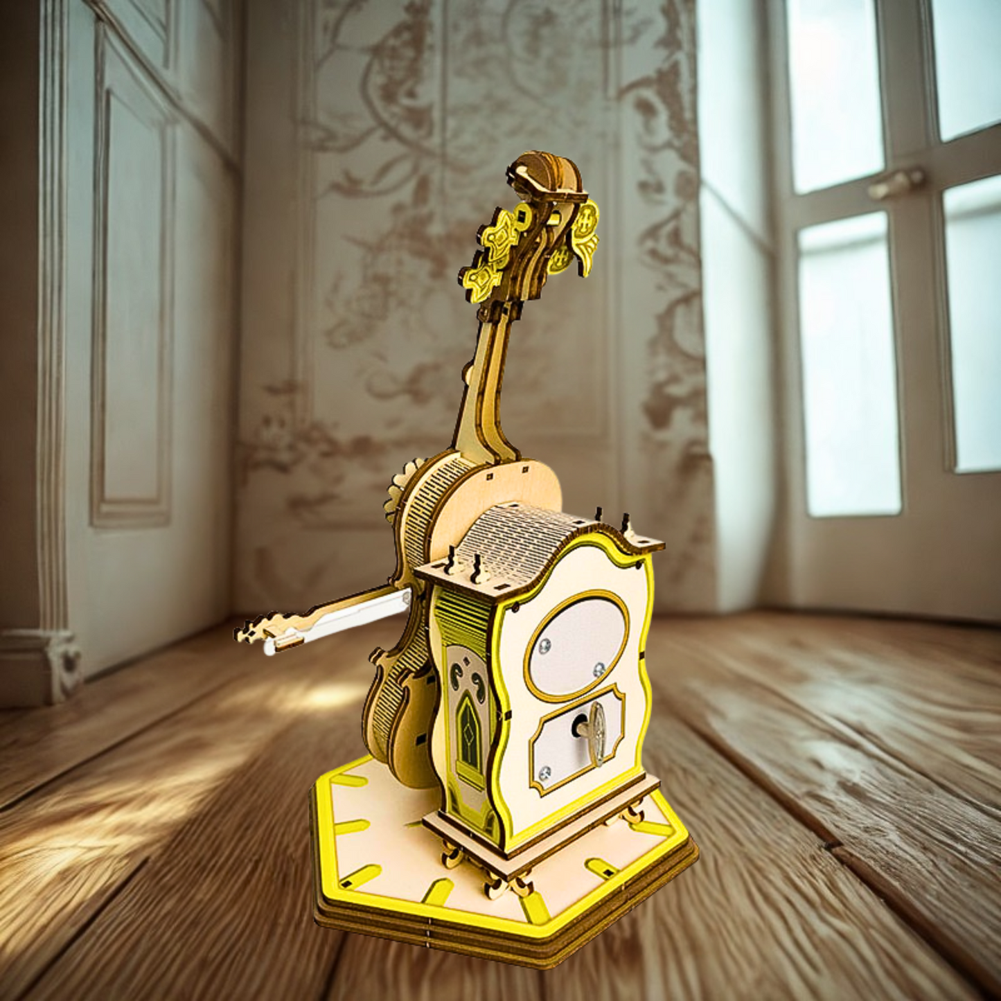 Wooden model of voilen puzzle on a wooden floor with sunlight streaming through a window.