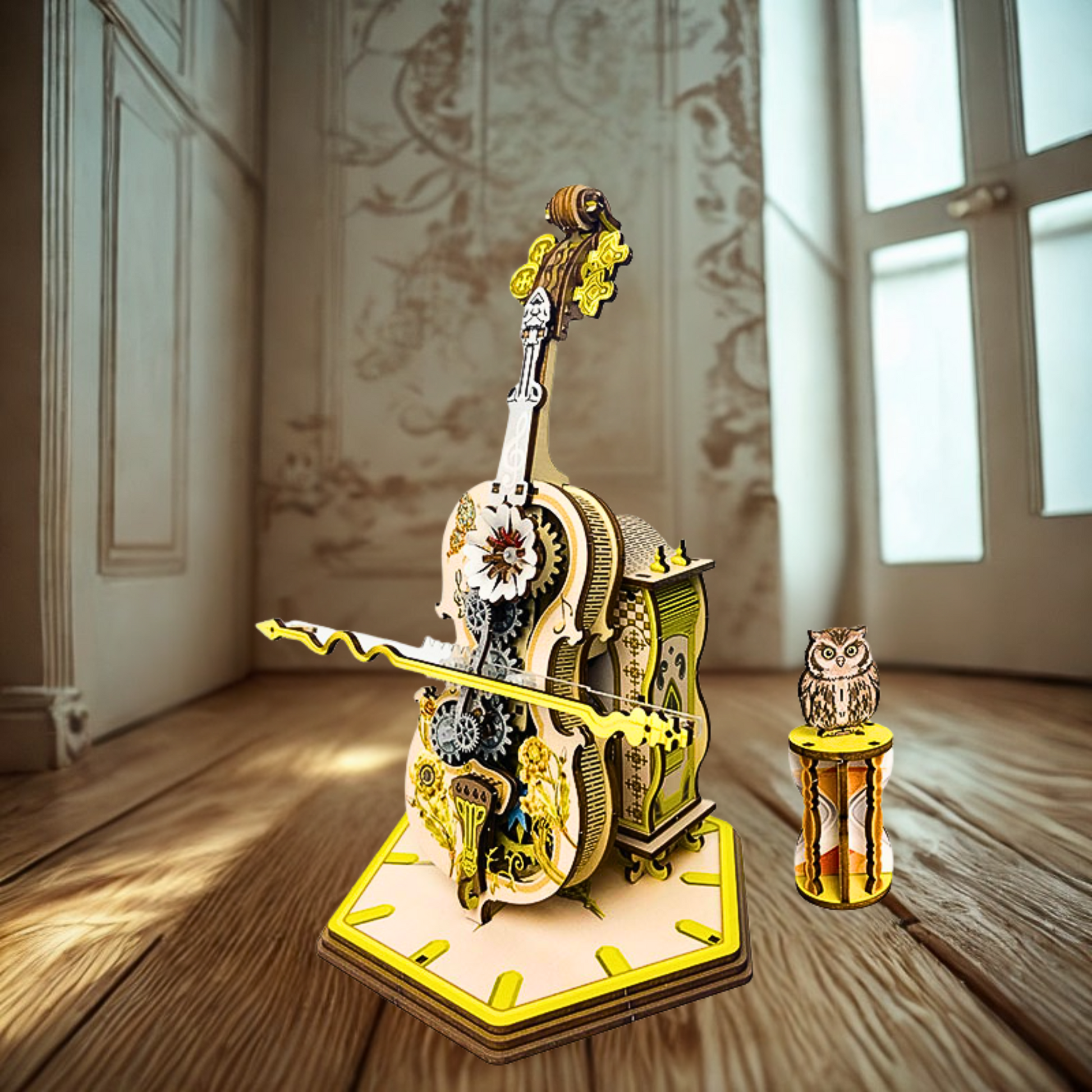 Mechanical model of a wooden violin puzzle and owl on a wooden floor with sunlight streaming in.