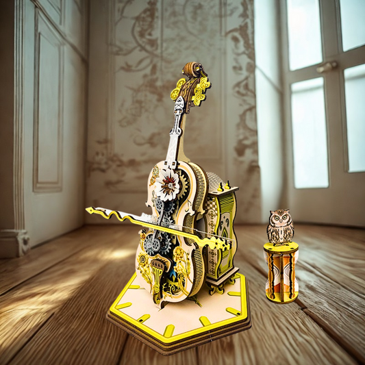 Mechanical model of a wooden violin puzzle and owl on a wooden floor with sunlight streaming in.