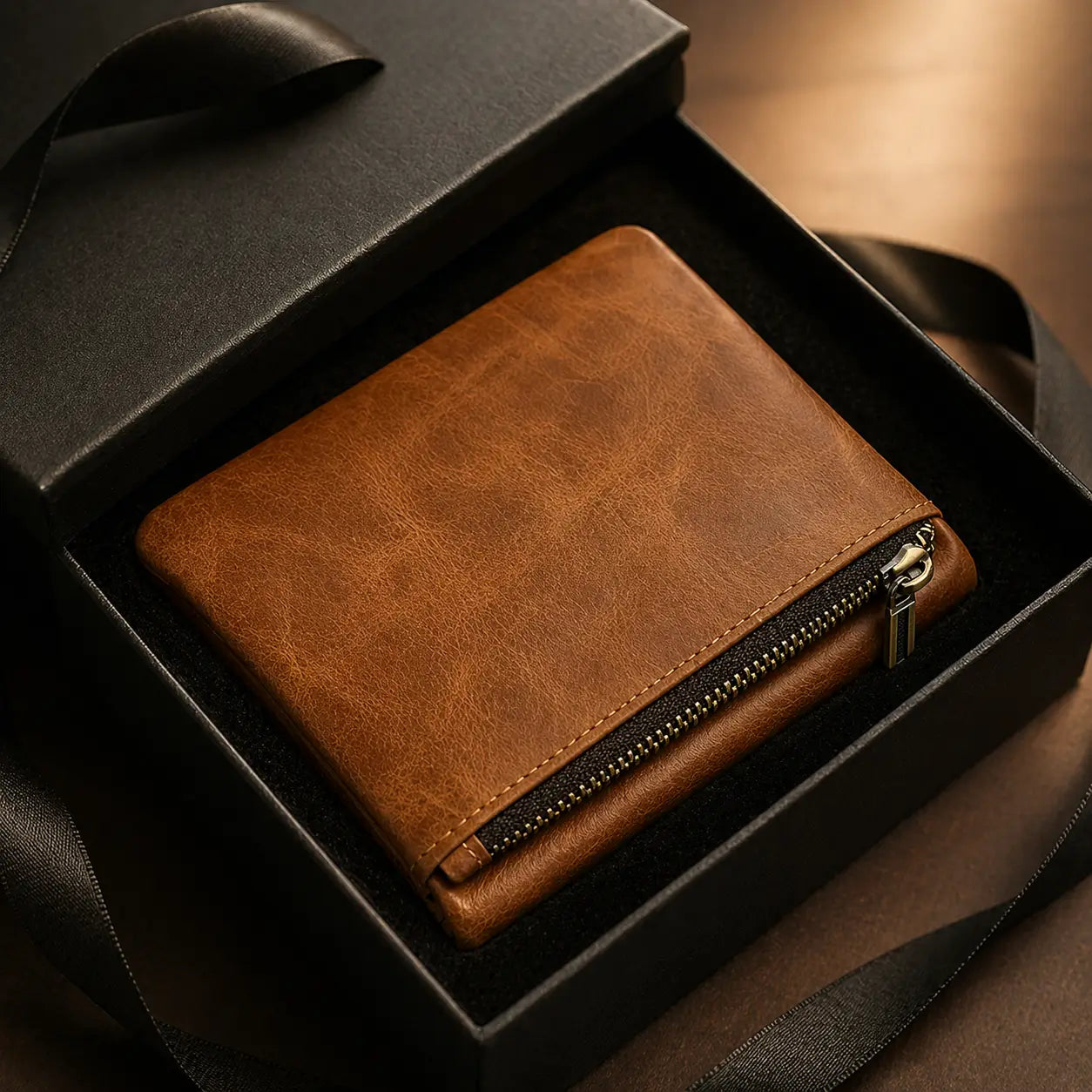 Handcrafted light brown leather wallet for men, shown in premium gift packaging as a unique anniversary or birthday gift-ready item.