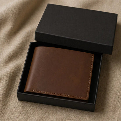 High-quality leather wallet for men in a deep tan finish, shown in premium gift packaging on a textured fabric background, ideal for anniversaries or birthdays.