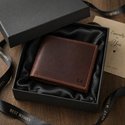 Handcrafted bifold wallet with a distressed brown leather finish and custom laser-engraved initials, elegantly boxed for a high-end unboxing experience.