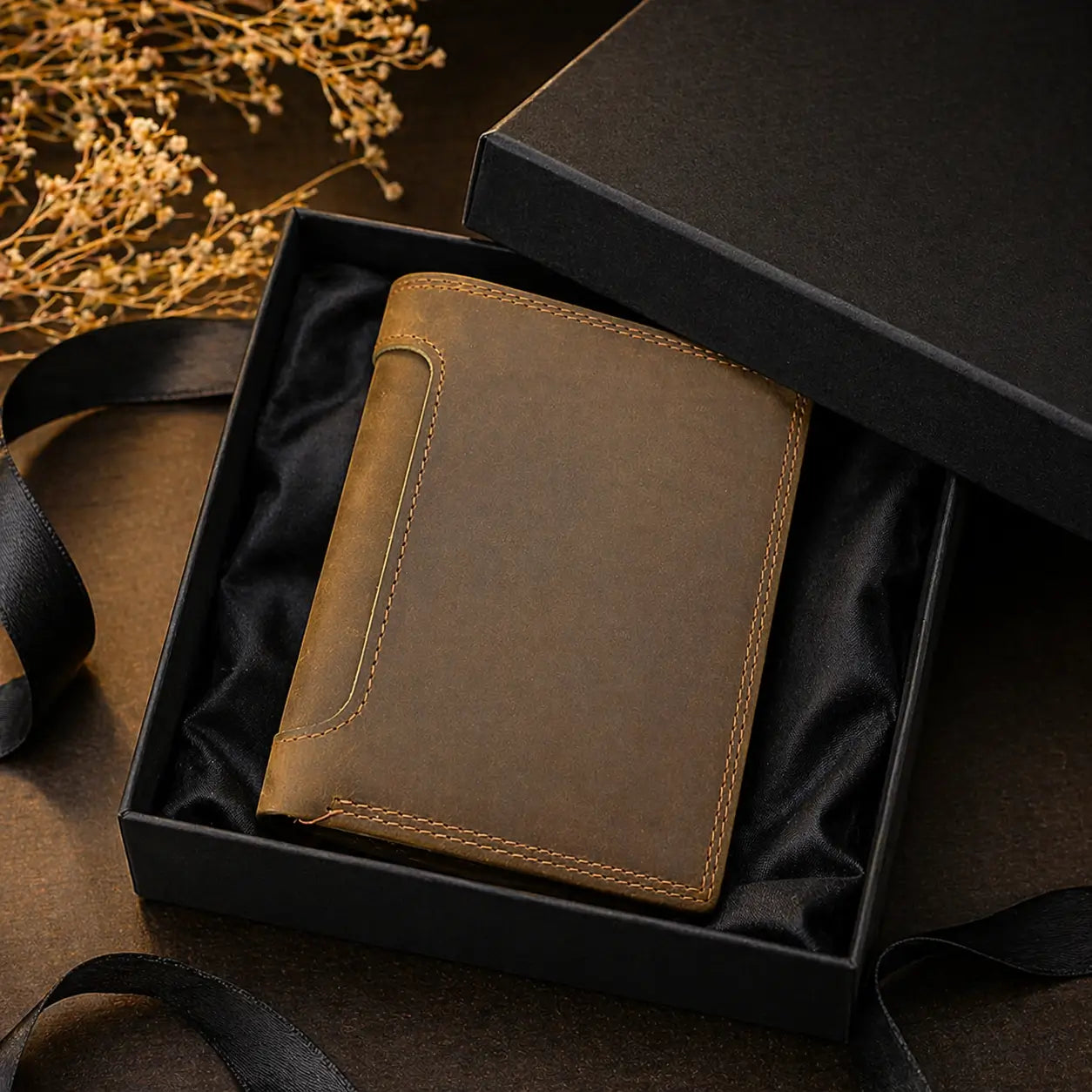 Men's vintage tan leather bifold wallet with a distressed grain finish and reinforced stitching, presented in a luxury black gift box with silk lining and satin ribbon.