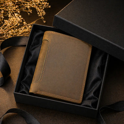 Men's vintage tan leather bifold wallet with a distressed grain finish and reinforced stitching, presented in a luxury black gift box with silk lining and satin ribbon.