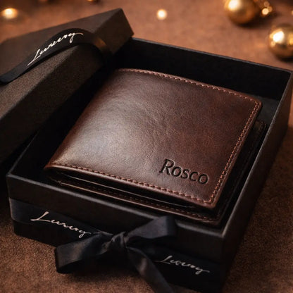 Leather Bifold Wallet in saddle full-grain leather, showcased in a gift box with a custom interior anniversary message.