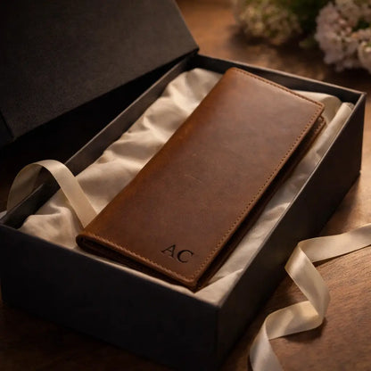 Handcrafted bifold wallet with a smooth leather finish and custom laser-engraved initials, elegantly boxed for a premium gifting experience.