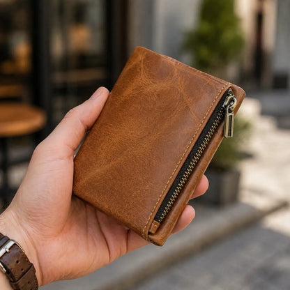 Premium men's leather trifold wallet in light brown, shown in a street lifestyle setting with a visible antique brass zipper detail.
