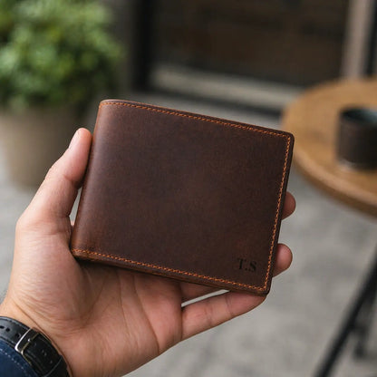 Premium handcrafted bifold wallet with a distressed brown leather finish, custom laser-engraved initials, and durable construction for everyday carry.
