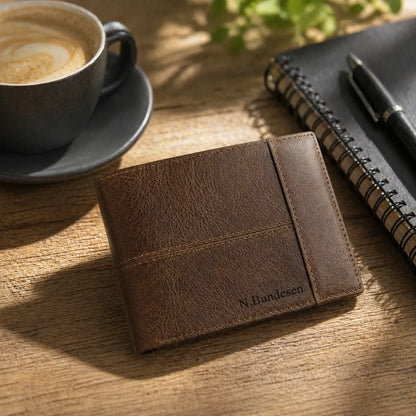 Handheld view of an open men's personalized dark brown leather wallet, highlighting an interior with card slots, an ID window, and a custom engraved message for an anniversary gift.