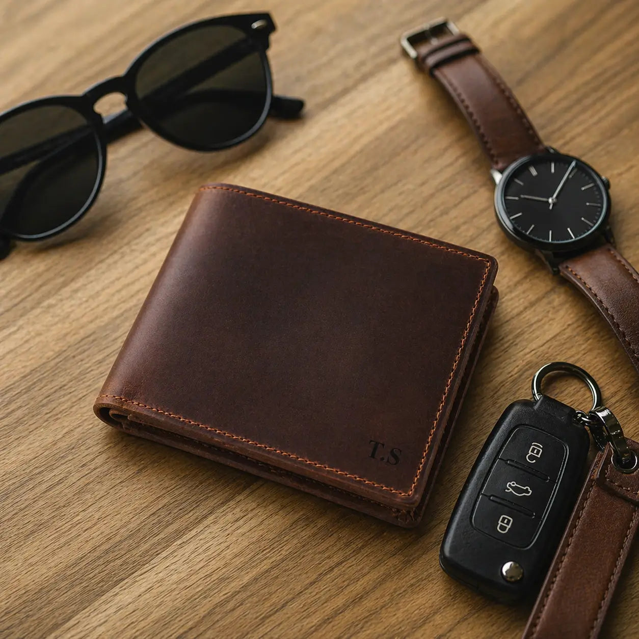 Interior view of a premium men's leather bifold wallet highlighting the organized card slots, clear ID holder, and custom laser engraving, shown with a professional watch and pen.
