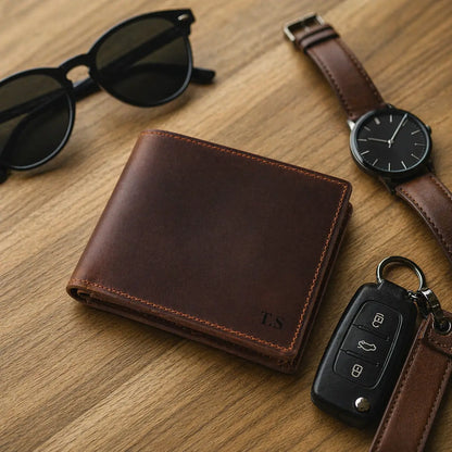 Interior view of a premium men's leather bifold wallet highlighting the organized card slots, clear ID holder, and custom laser engraving, shown with a professional watch and pen.