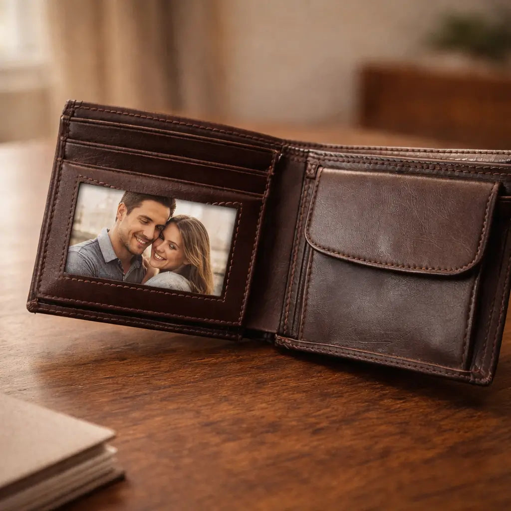 Leather Bifold Wallet in saddle full-grain leather, highlighting a slim bi-fold architecture and hand-stitched edging.